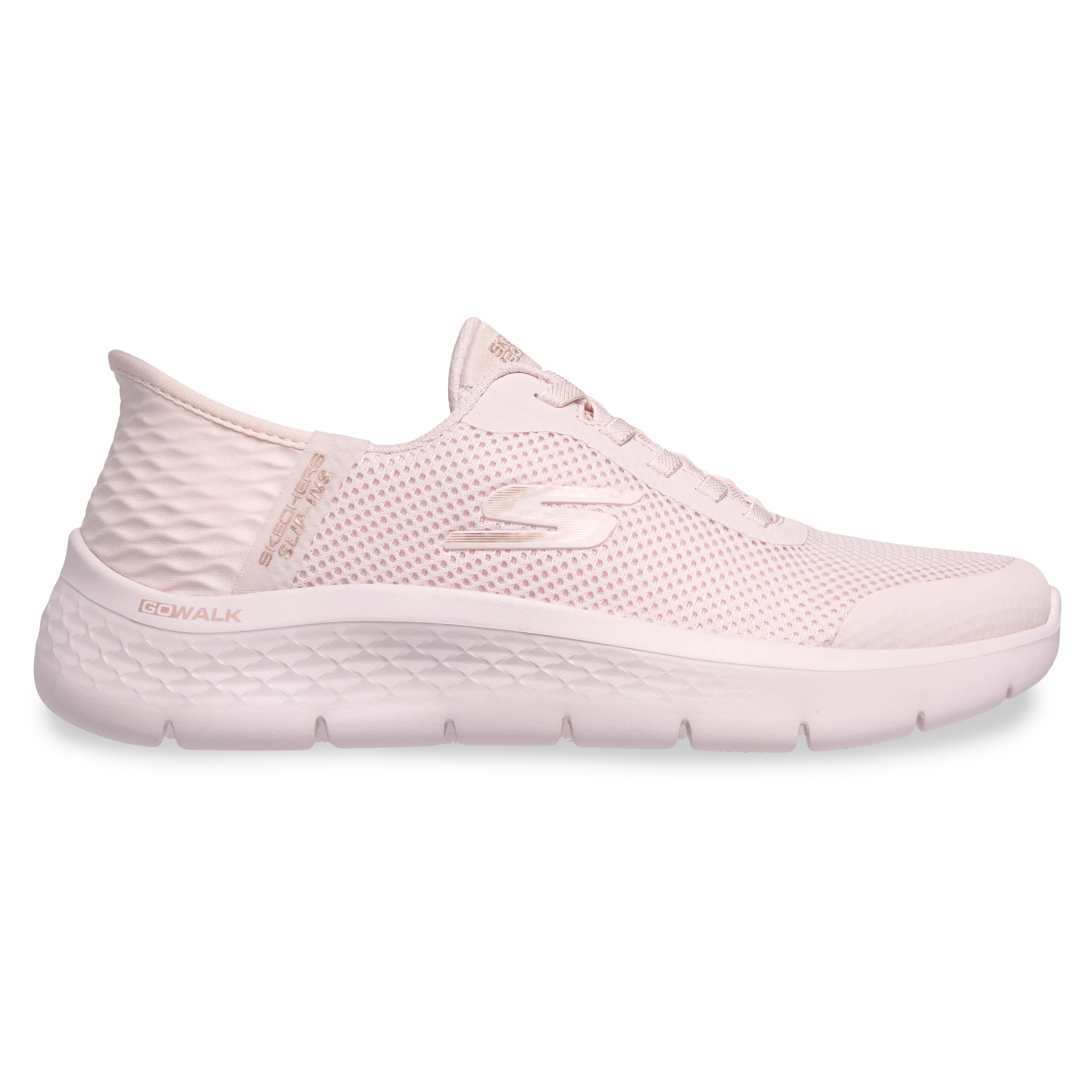 Tênis casual feminino Skechers Go Walk Flex Grand na cor rosa, com solado flexível e cabedal em malha respirável